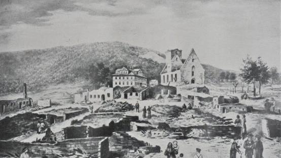 Neustadt im Jahre 1839 nach dem Brand (Bleistiftskizze des Zeichenlehrers Rau in Lind, gemalt von Professor Max Derra, fotografiert von Pfarrer Albert Greiner) Repro: Dieter Seyfarth