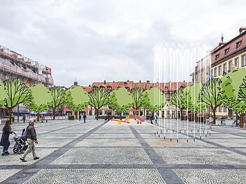 Große Bäume, beschattete Bänke und Kinder, die auf dem Maxplatz Spielmöglichkeiten und Wasserfontänen finden? Ideen gibt es viele für Bambergs Zentrum.  Grafik: Micho Haller