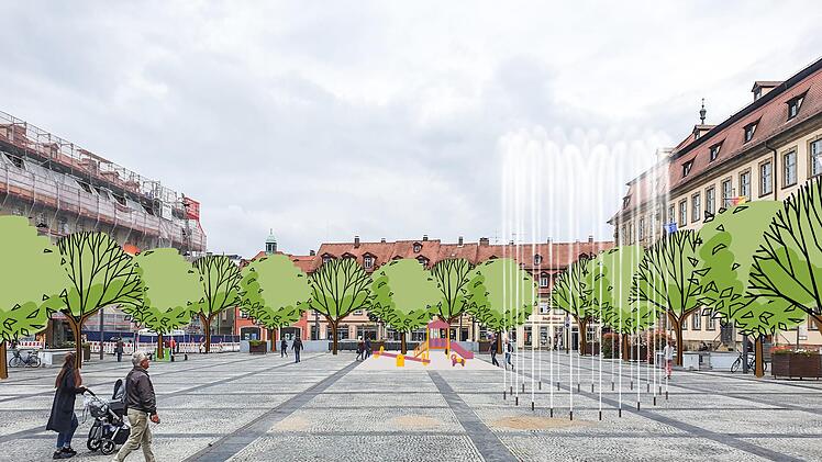 Große Bäume, beschattete Bänke und Kinder, die auf dem Maxplatz Spielmöglichkeiten und Wasserfontänen finden? Ideen gibt es viele für Bambergs Zentrum.  Grafik: Micho Haller
