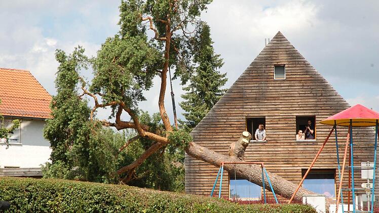 Sanft legt der Kran Grubs gefallenes Wahrzeichen auf der Straße neben dem Spielplatz ab. Fotos: Rainer Lutz