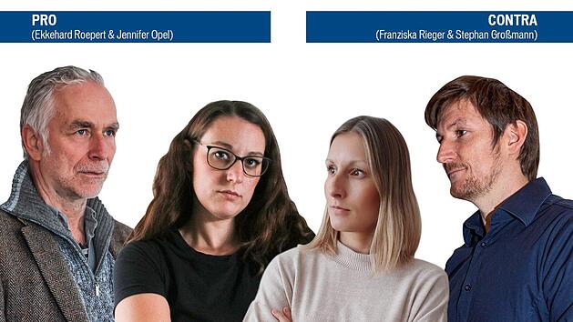 Vier Redakteure und Redakteurinnen des Fr&auml;nkischen Tags Forchheim diskutieren im Streitgespr&auml;ch miteinander: Braucht es das Kunstwerk auf dem Kersbacher Kreisverkehr? Fotos: privat/Grafik: Jessica Zapf