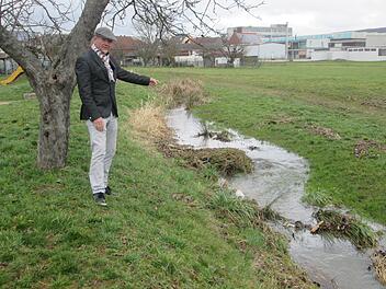 Der Mehrgenerationenplatz ist durch eine Dammerhöhung geschützt. Jetzt macht das Wasser des Deisselbachs bei starken Regenfälle am anderen Ufer Probleme, wie Bürgermeister Karlheinz Kickuth (l.) informiert.  Foto: Winfried Ehling