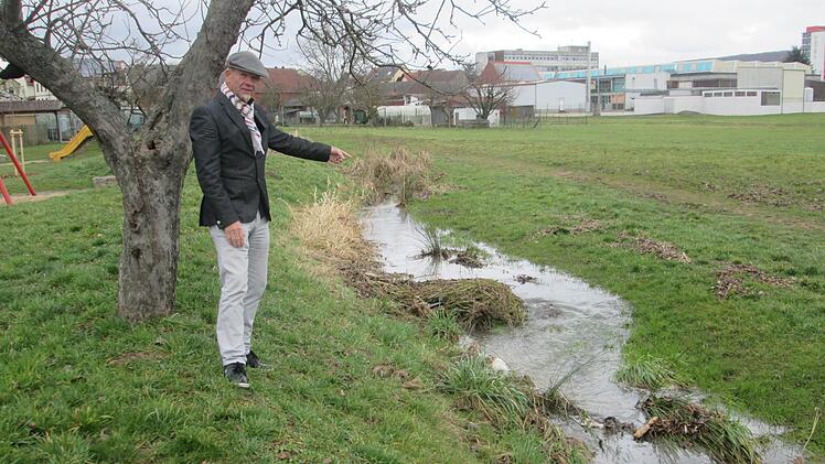 Der Mehrgenerationenplatz ist durch eine Dammerhöhung geschützt. Jetzt macht das Wasser des Deisselbachs bei starken Regenfälle am anderen Ufer Probleme, wie Bürgermeister Karlheinz Kickuth (l.) informiert.  Foto: Winfried Ehling