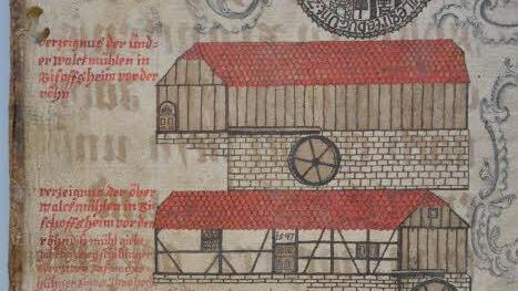 Ein Auszug aus dem Buch von 1764 zeigt wie die Bischofsheimer Walkmühlen ausgesehen haben. Foto: Archiv Reinhold Albert