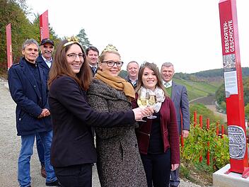 Stoßen auf den neuen Aussichtspunkt an (vorne, von links): die Weinprinzessinnen Marlene Büttner aus Wirmsthal, Miriam Gössmann-Schmitt aus Ramsthal und Annika Kuchenbrod aus Hammelburg. Hinten, von links: Georg Bätz (LWG), Artur Steinmann (Präsident des Fränkischen Weinbau-Verbandes), MdL Sandro Kirchner, Landrat Thomas Bold und Bürgermeister Alfred Gündling.  Foto: Gerd Schaar.