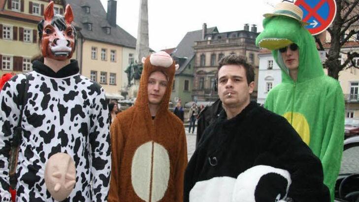 Styler, Pandas und Disko-Kühe: Die Kostüme beim Harlem Shake auf dem Marktplatz in Kulmbach waren der Hit. Fotos: Sonja Adam