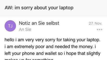 Diese Notiz erhielt er vom Dieb seines Laptops. Foto: Tobias Diemer/inFranken.de