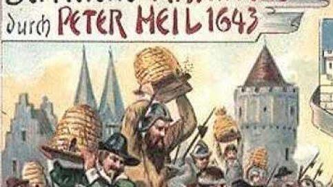 Diese Postkarte erinnert an die Befreiung Kissingens im 30j&auml;hrigen Krieg durch den Einsatz von Bienen. Foto: Ludwig Leisentritt