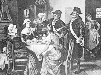 Im 18. Jahrhundert zur Zeit des Preu&szlig;enk&ouml;nigs Friedrich II. gab es "Kaffeeschn&uuml;ffler", die die Einhaltung des Kaffeeverbots &uuml;berpr&uuml;fen sollten. Diese Darstellung stammt aus der Zeitschrift "Die Gartenlaube". Repro: pribat