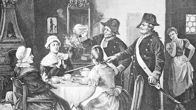 Im 18. Jahrhundert zur Zeit des Preu&szlig;enk&ouml;nigs Friedrich II. gab es "Kaffeeschn&uuml;ffler", die die Einhaltung des Kaffeeverbots &uuml;berpr&uuml;fen sollten. Diese Darstellung stammt aus der Zeitschrift "Die Gartenlaube". Repro: pribat