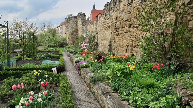 Entlang der Stadtmauer zieht sich ein großes Staudenbeet.