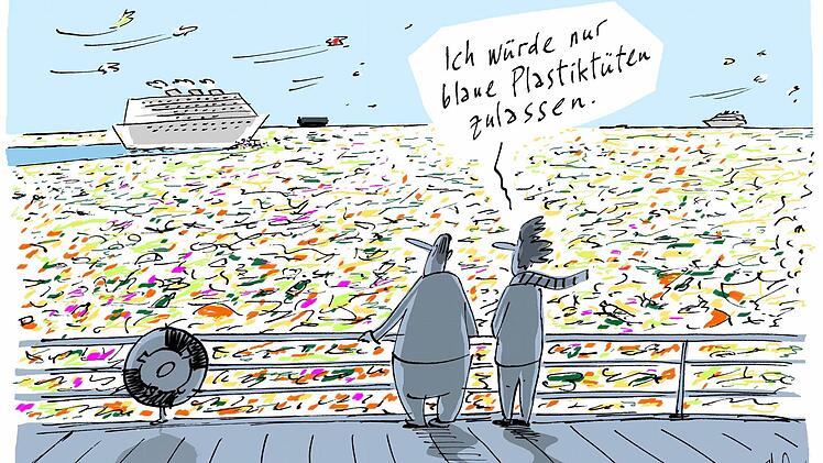 Diese Karikatur von Nel mit dem Titel "Grüsse von der Meeredeponie" ziert das Titelbild des Katalogs.  Foto: Marion Krüger-Hundrup