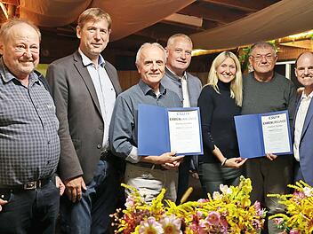 Bei der Ehrung (v. l.): Wilfried Kirsch (Ortsvorsitzender der CSU Wolfsberg ), Landrat Hermann Ulm, Landratskandidat Oliver Flake, Staatssekretärin Dr. Silke Launert, Friedrich Dümler (Gründer des Familienhotels Friedrichshof in Hundsdorf) sowie C...