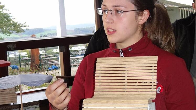 Vera Freter von der Meisterschule Ebern erklärt dem Umwelt- und Bauauschuss ihr Modell der Sitzbank, das direkt auf die schon vorhandenen betonbänke angebracht werden kann.