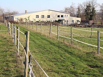 Die gesamte Anlage des Höchstadter Reitvereins ist verlassen. Reithalle und Reiterstübchen (hinten) stehen leer. Auf den Koppeln wächst frisches Gras. Foto: Andreas Dorsch