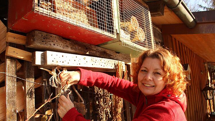 Verblühte Wildblumen an einem Schuppen bieten in Brigitte Goss Garten Insekten Lebensraum auch im Winter. Über der Gärtnerin hängen selbst gebaute Insektenhotels.Heike Beudert