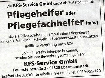 Trotz ihrer bevorstehender Auflösung sucht die Zeitarbeitsfirma an der Klinik Fränkische Schweiz noch Leiharbeiter im Pflegebereich.  Repro: FT