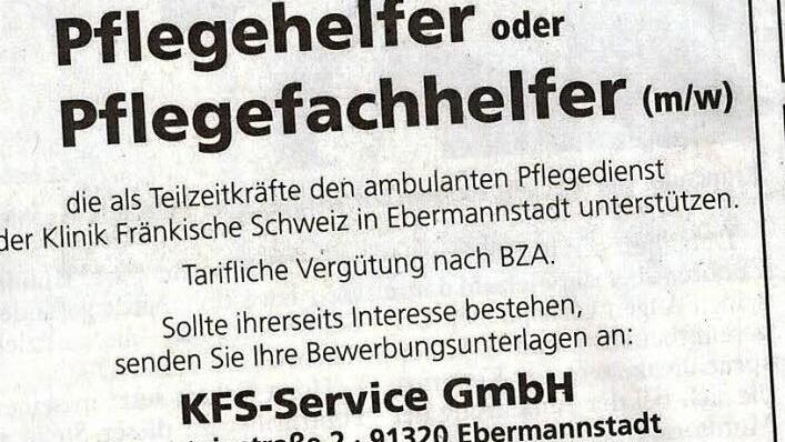 Trotz ihrer bevorstehender Auflösung sucht die Zeitarbeitsfirma an der Klinik Fränkische Schweiz noch Leiharbeiter im Pflegebereich.  Repro: FT