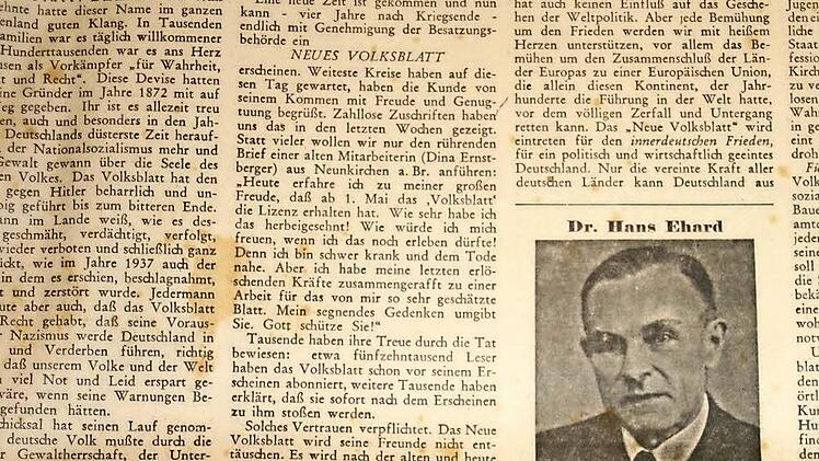 Die Titelseite des Neuen Volksblatts vom 1. Mai 1949. Damit begann die Tradition der Vorgänger-Zeitung des Fränkischen Tags, die bis 1. Januar 1970 dauerte. Repro: Alexander Müller