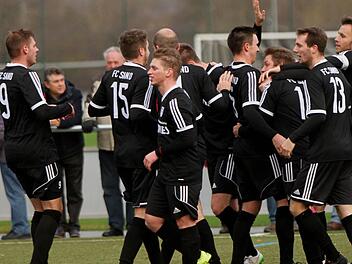 Gleich dreimal hatten die Sander in ihrem letzten Spiel vor der Winterpause Grund zum Torjubel. Es freuen sich (von links) Dominik Rippstein, Josef Pickel, Sven Wieczorek, Florian Gundelsheimer, Sebastian Götz (fast verdeckt), Danny Schlereth, Florian Pickel, Daniel Krüger und Thorsten Schlereth.