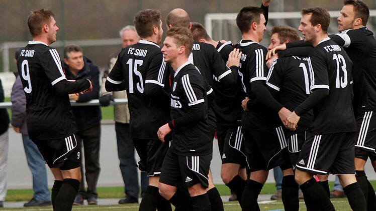 Gleich dreimal hatten die Sander in ihrem letzten Spiel vor der Winterpause Grund zum Torjubel. Es freuen sich (von links) Dominik Rippstein, Josef Pickel, Sven Wieczorek, Florian Gundelsheimer, Sebastian Götz (fast verdeckt), Danny Schlereth, Florian Pickel, Daniel Krüger und Thorsten Schlereth.