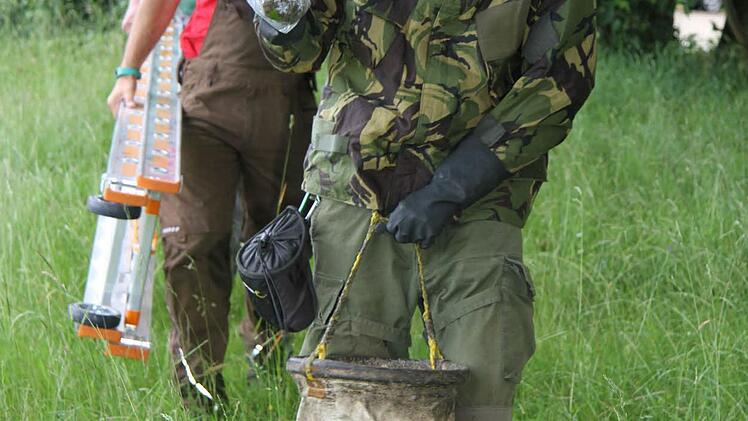 Baumkletterer Stefan Nicklas rückt an: Mit seinen Helfern Maximilian Krüger von den Stadtwerken Kulmbach und mit Nachbar Rüdiger Haberstumpf entfernen sie die Gespinste und die Raupen
