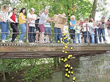 Es regnet Enten in den Fluss. Mit Spannung wird er erwartet welcher von den gelben Schwimmern das rennen macht.