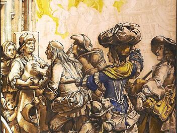 Dieses Glasfenster, das im Stadtmuseum ausgestellt ist, zeigt die Ankunft der Hugenotten 1686. Foto: Malter