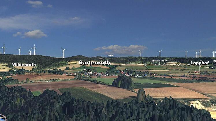 So präsentiert sich künftig die Natur im Bereich Spitzberg und Kirchleuser Platte: links fünf 200-Meter-Rotoren im Windpark Hain bei Küps - rechts sieben Windräder auf der Kirchleuser Platte, die das Landratsamt Kulmbach genehmigen wird. Grafik: privat