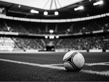 Ein Fußball liegt auf dem Rasen eines vollen Fußballstadions.
