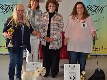 Sieger der "Golden Globe Show" 2017 in Ebern wurde Angelika Schneider (links) aus Gochsheim mit ihrem West Highland White Terrier Rüden "Challenger von den Steigerwaldhöh'n". Rechts die Zweitplatzierte Sindy Seifert aus Hildurghausen mit dem schwarzen Shih Tzu  Rüden "Sisco of the Chinatown". Zweite von links Vorsitzende Christine Andres und daneben Zuchtrichterin Maritza Morrison. Foto: Christine Andres