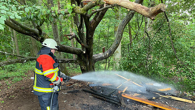 Baumhaus im Wald f&auml;ngt Feuer