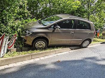 An der B&ouml;schung blieb der VW der Autofahrerin aus dem Landkreis Rh&ouml;n-Grabfeld stehen. Ein Verkehrszeichen wird demoliert.  Foto: Ren&eacute; Ruprecht