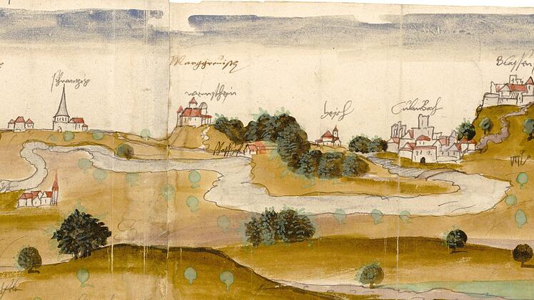 Geleitstraßenkarte von Coburg nach Kulmbach und Bamberg, 1562                                                                - Ausschnitt von der Plassenburg über Wernstein bis SchwarzachStaatsarchiv Coburg