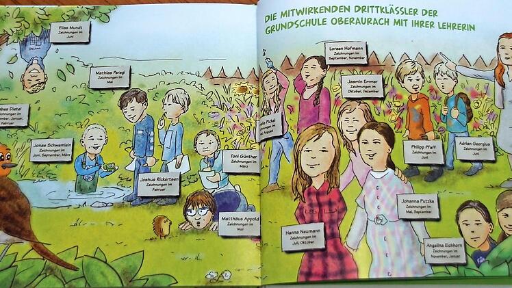 Mit diesem fröhlichen Bild am Ende des Bilderbuches "Rosalie, das Rotkehlchen und seine Nachbarn" hat Grafiker Günter Mayer seine "Mitarbeiter" aus der dritten Klasse der Grundschule Oberaurach verewigt. Fotos: Sabine Weinbeer