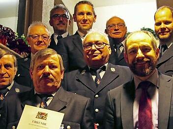Unser Bild zeigt (von links) Willi Tschesche, Roland Pfaffenberger, Werner Bergmann (mit Urkunde), Kreisbrandinspektor Siegfried Zillig, Bürgermeister Martin Bernreuther, Karl Partenfelder, Vorsitzenden Michael Ganzleben, stellvertretenden Landrat Jörg Kunstmann und Kommandant Robert Nauen.  Foto: Adriane Lochner