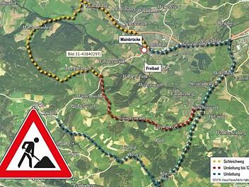 Wenn die Mainbrücke saniert wird, ist Mainleus ein geteilter Ort. Die Autofahrer müssen zum Teil große Umwege in Kauf nehmen. Grafik: Micho Haller