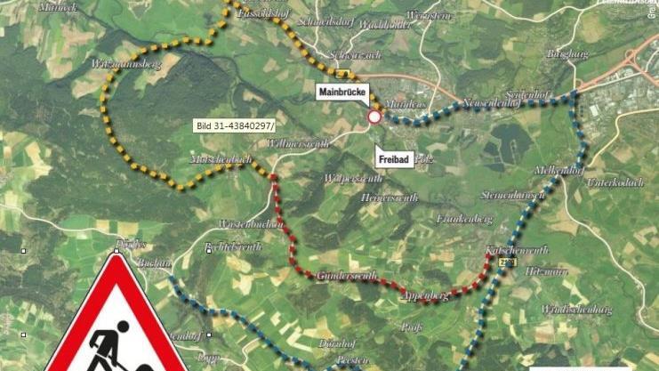 Wenn die Mainbrücke saniert wird, ist Mainleus ein geteilter Ort. Die Autofahrer müssen zum Teil große Umwege in Kauf nehmen. Grafik: Micho Haller