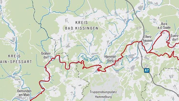 Diese Grafik zeigt den Verlauf des neuen Wein- und Genuss-Wanderwegs durch das Saaletal und  führt von Bad Kissingen bis nach Gemünden/Main und verbindet damit auch die Wanderwege "Spessartweg 1" und den "Hochrhöner".
