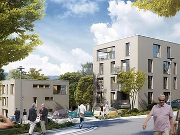 August 2020 sollen die ersten Mieter in die mehrgeschossigen Neubauten  in der Mayer-Franken-Straße einziehen. Animation: Baum-Kappler Architekten