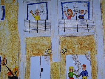 So haben Jomina, Lenny und Lindona das Thema "Gute Nachbarschaft" als Bild umgesetzt. Foto: Marion Krüger-Hundrup