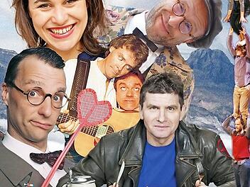 Mäc Härder (mit Messer und Gabel) hat fränkische Kabarettisten und nichtfränkische Komiker eingeladen. Graphik: PR