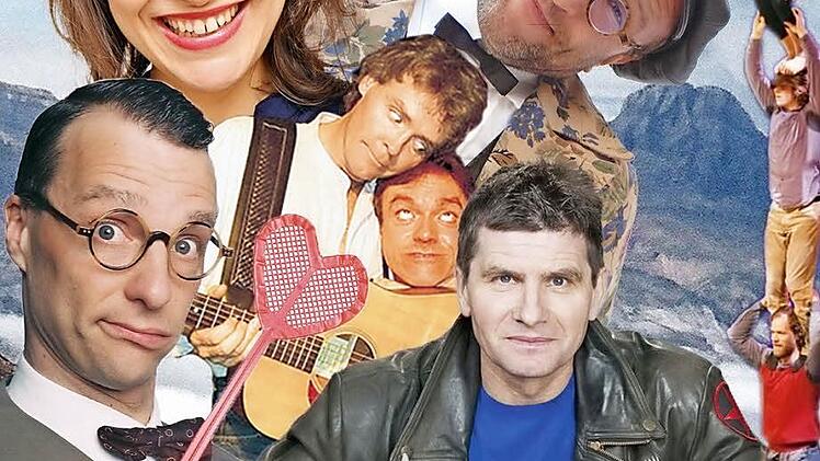 Mäc Härder (mit Messer und Gabel) hat fränkische Kabarettisten und nichtfränkische Komiker eingeladen. Graphik: PR