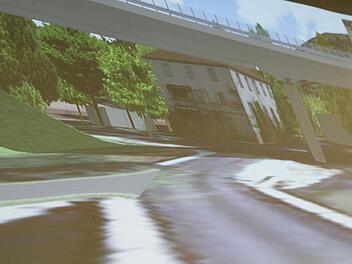 Die 3D-Simulation vermittelt einen Eindruck vom Verlauf der geplanten Stadtsteinacher Ortsumgehung und von ihren Auswirkungen auf die Landschaft. Unser Bildausschnitte zeigt die neue Straße beim Anwesen Am Hochofen 1.