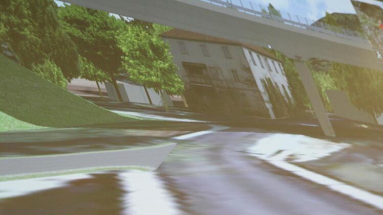 Die 3D-Simulation vermittelt einen Eindruck vom Verlauf der geplanten Stadtsteinacher Ortsumgehung und von ihren Auswirkungen auf die Landschaft. Unser Bildausschnitte zeigt die neue Straße beim Anwesen Am Hochofen 1.
