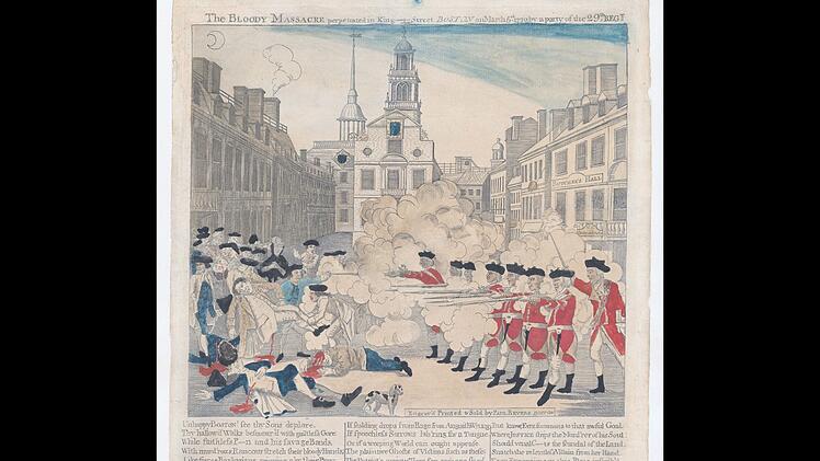 Das "Boston Massacre" (auch "Bloody Massacre") ver&uuml;bten bereits am 5. M&auml;rz 1770 britische Soldaten an amerikanischen Kolonisten in Massachusetts (Kupferstich von Paul Revere).