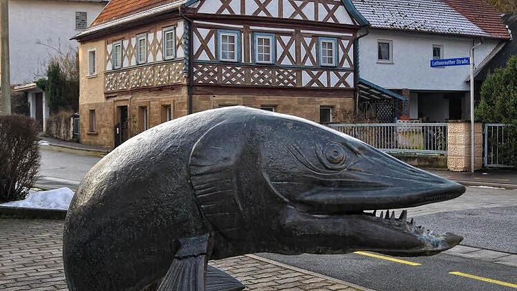 Der Hecht, das Wappentier von Marktgraitz, vor schönem Fachwerk.  Foto: Harald Koch