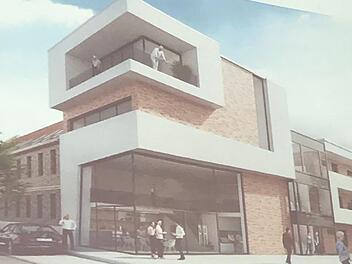 Markanter Eingang zu einem neuen Wohnquartier: In diesem markanten  Eckgebäude   soll  künftig ein Bäcker seine Waren anbieten.  Visualisierung: P&P-Gruppe