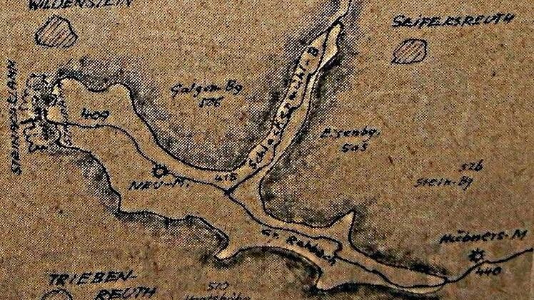 Eine Karte aus dem Jahre 1907 mit dem geplanten Stausee im Steinachtal: Die Neumühle sollte in über 40 Metern Tiefe auf dem Grund des Sees liegen, der sich auf fünf Kilometer bis zur Hübnersmühle erstrecken sollte.