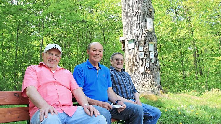 Sitzprobe: Es sitzt sich gut auf der neuen Bank neben der Bildeiche finden Rainer Kirch, Herbert Schmid und Franz Endres.Foto: Heike Beudert